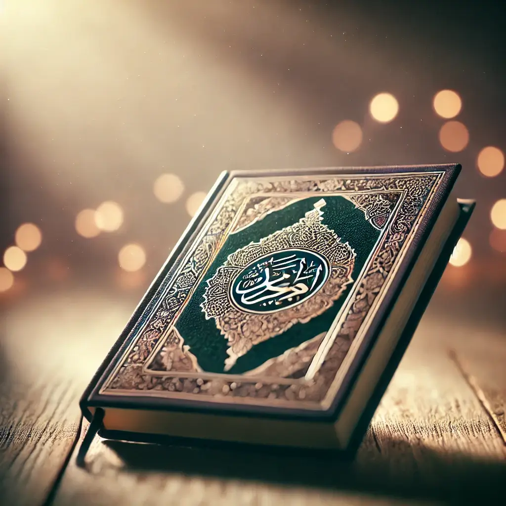 Open Quran with Arabic calligraphy on a wooden surface, illuminated by soft lighting in a peaceful setting