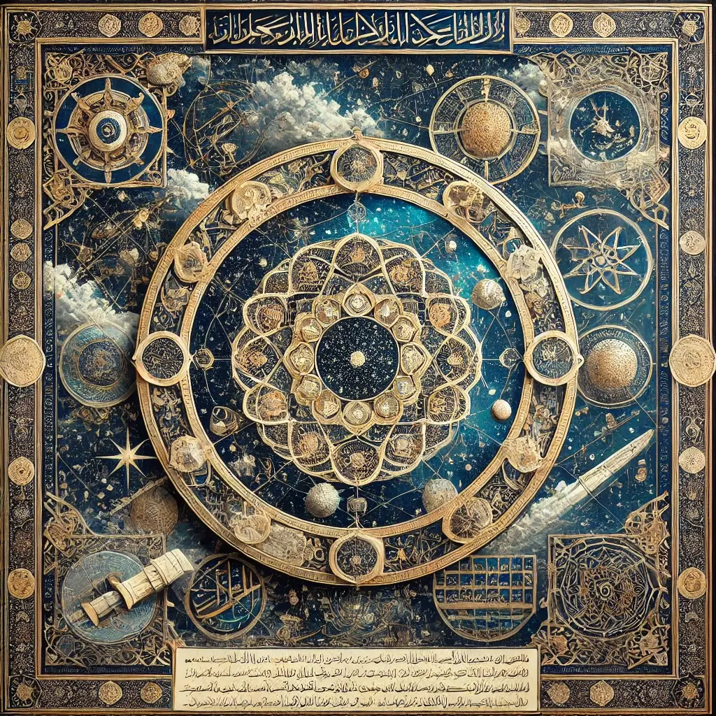 Islamic geometric patterns blended with a cosmic scene, featuring illuminated manuscript-style astronomy instruments, constellations, and Arabic calligraphy in deep blues, golds, and silvers