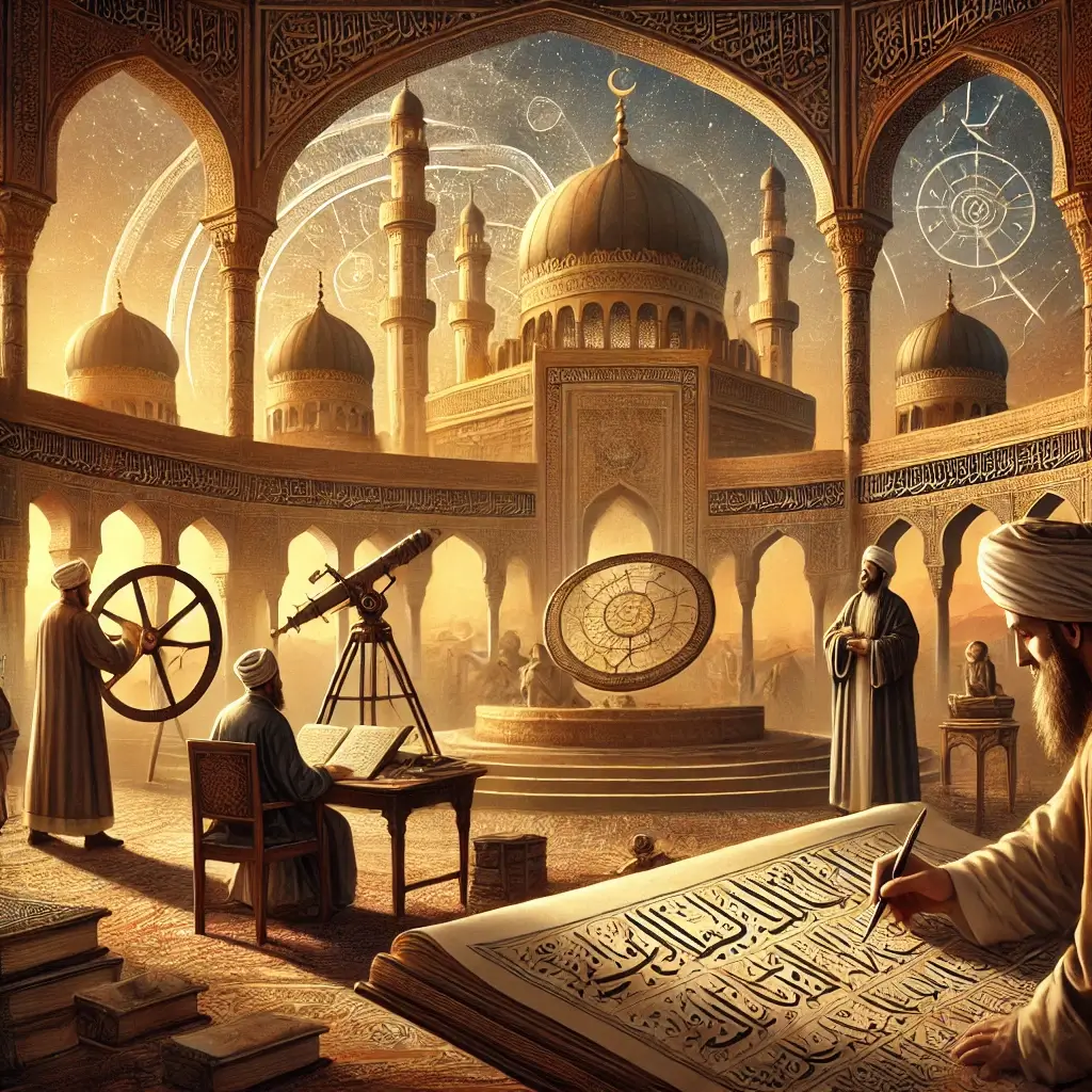Islamic scholars in an observatory studying astronomy, a calligrapher writing Arabic script, a physician examining medical texts, and an architect designing a mosque, all set in a historical setting inspired by the Islamic Golden Age